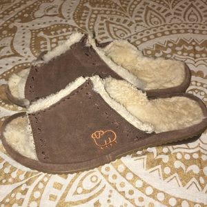 Sheepskin and suede slip on sandals w/slight wedge